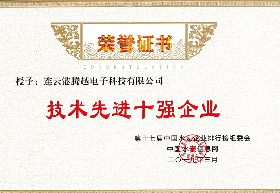 榮譽(yù)證書-技術(shù)先進(jìn)十強(qiáng)企業(yè)